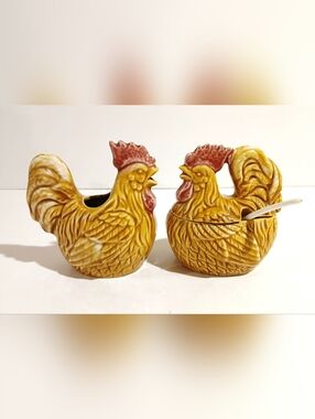 Vintage Ceramic Chicken Cream and Sugar Set with Spoon